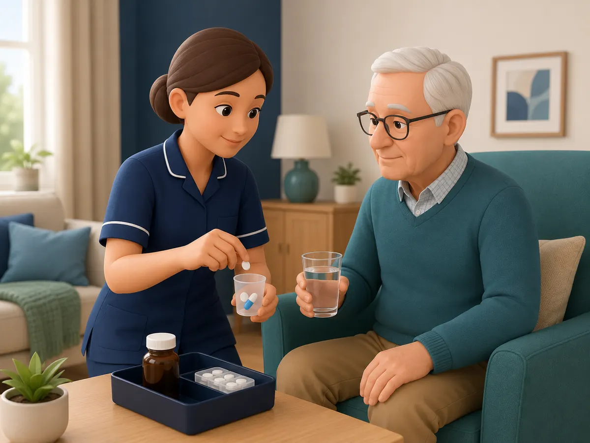 A tablet tipped into a small cup, a full glass of water ready alongside it, and the chart left open on the table — nothing hidden, nothing rushed, nothing assumed.