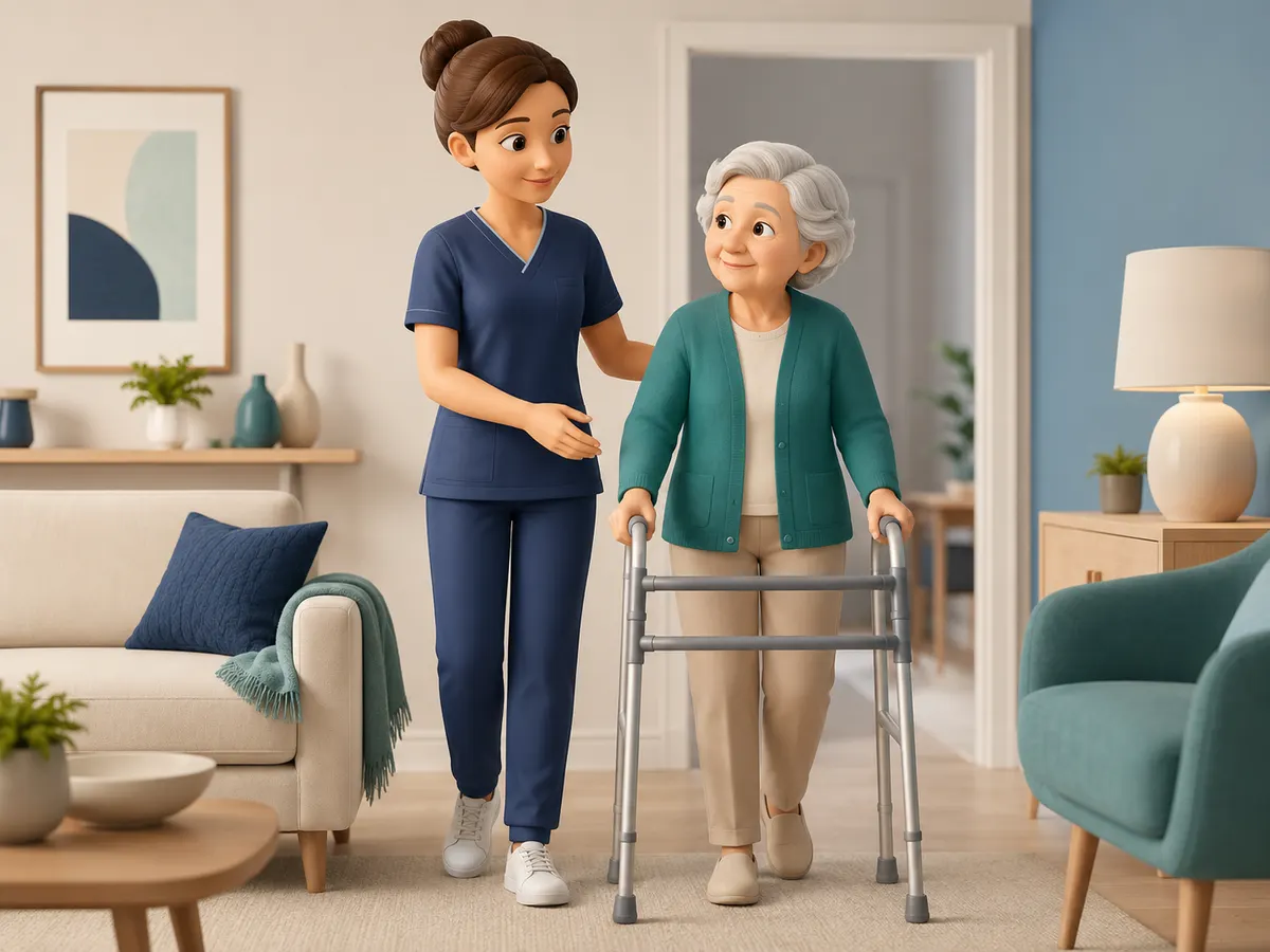 Walking just behind and to the side, the carer keeps a hand near the small of the back while the walking frame leads the way.