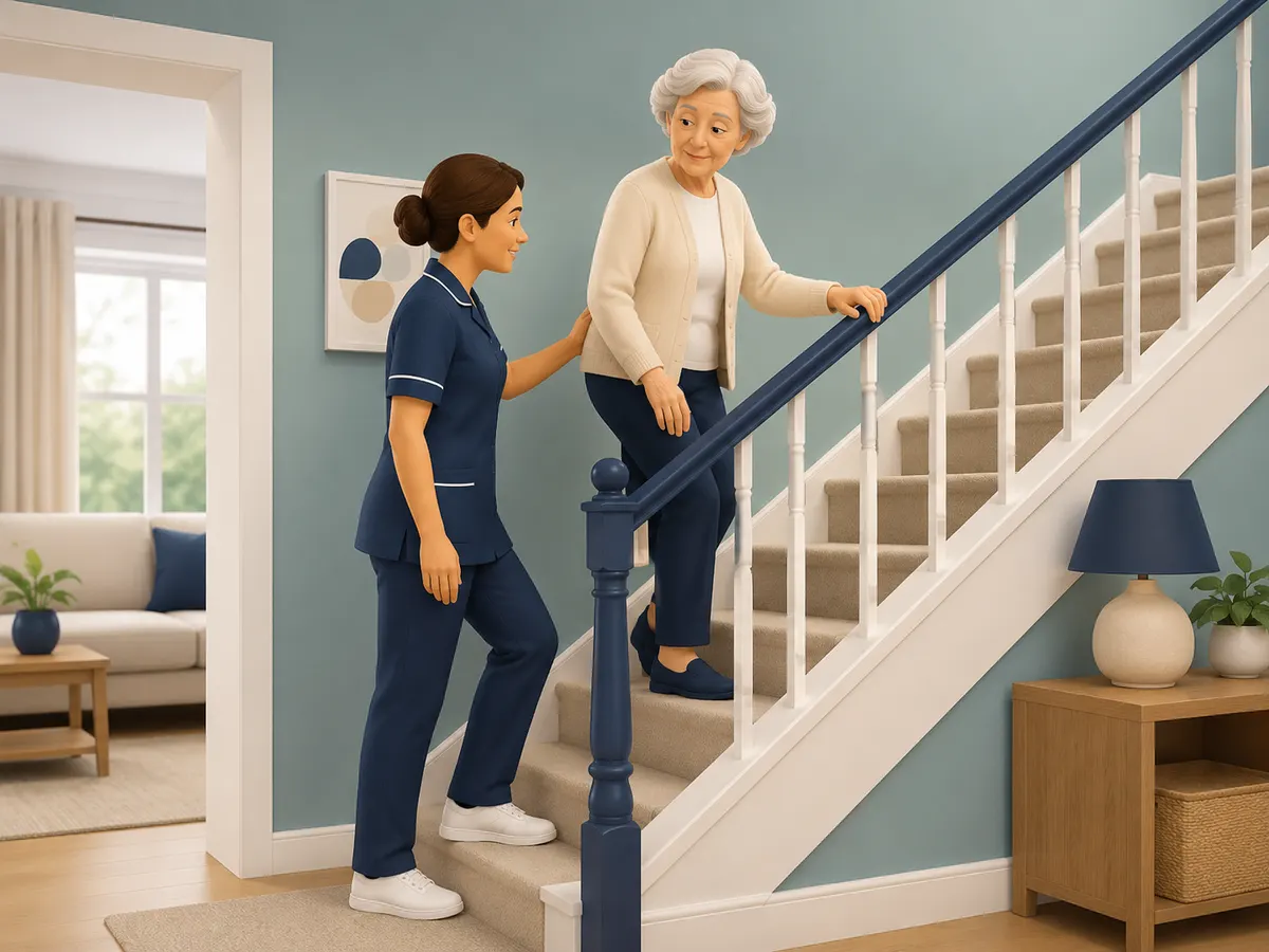One step below and to the side, the carer supports the descent while the client's own hand does the real work on the banister.