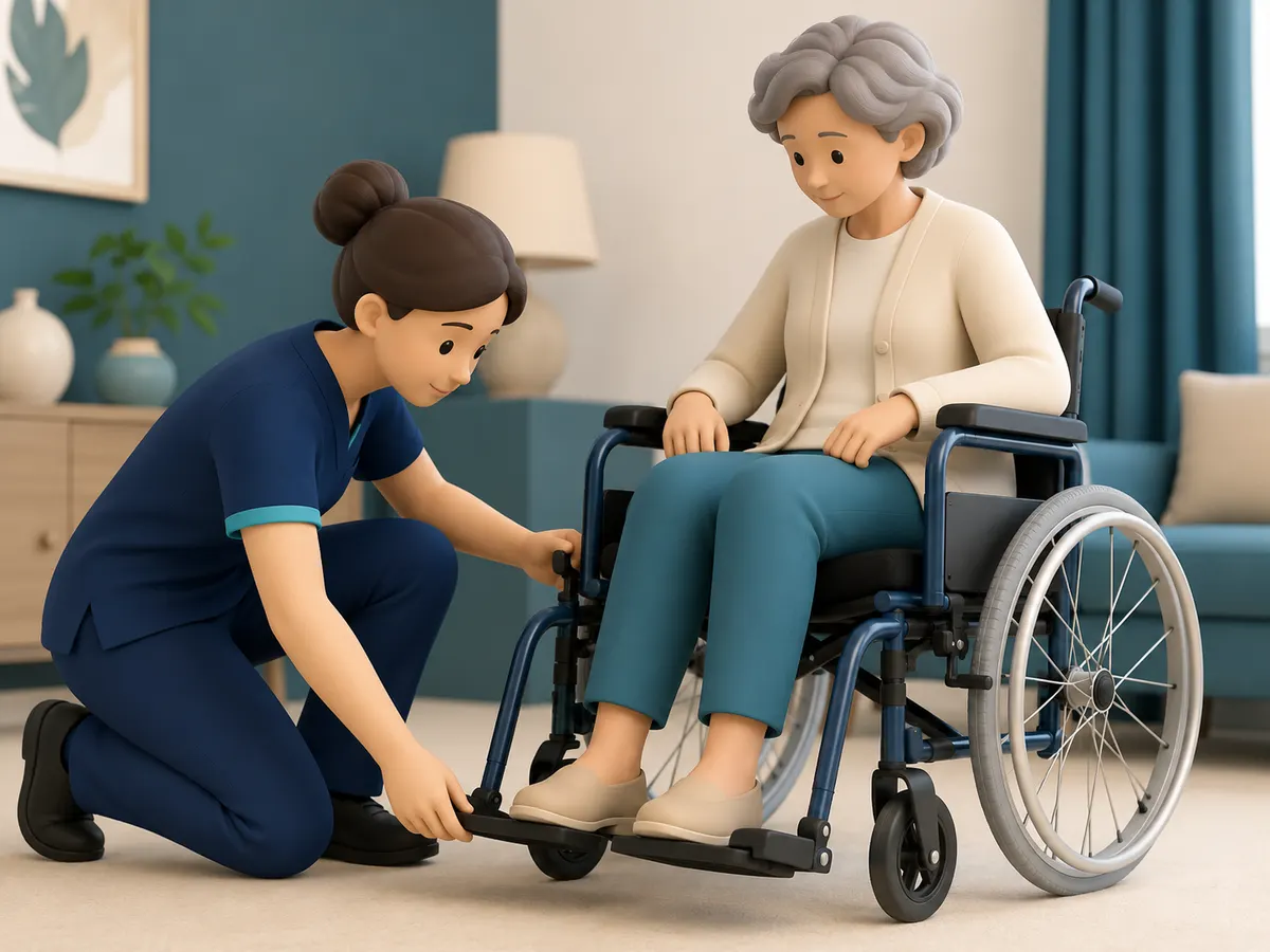 Kneeling at the foot of the wheelchair, the carer swings the footplate into place once the brakes are already locked.