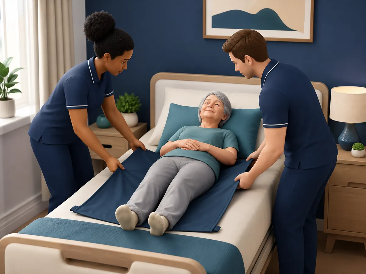 Two carers, one on each side of the bed, use a slide sheet to move the client smoothly across the mattress without a single drag or lift.
