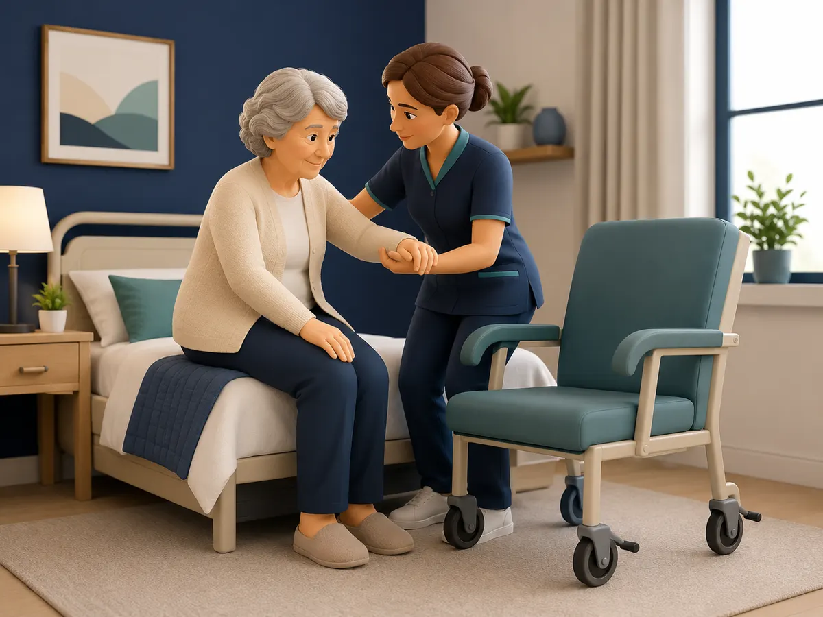 Seated on the edge of the bed with both feet flat on the floor, the client pauses to find her balance before the stand even begins.