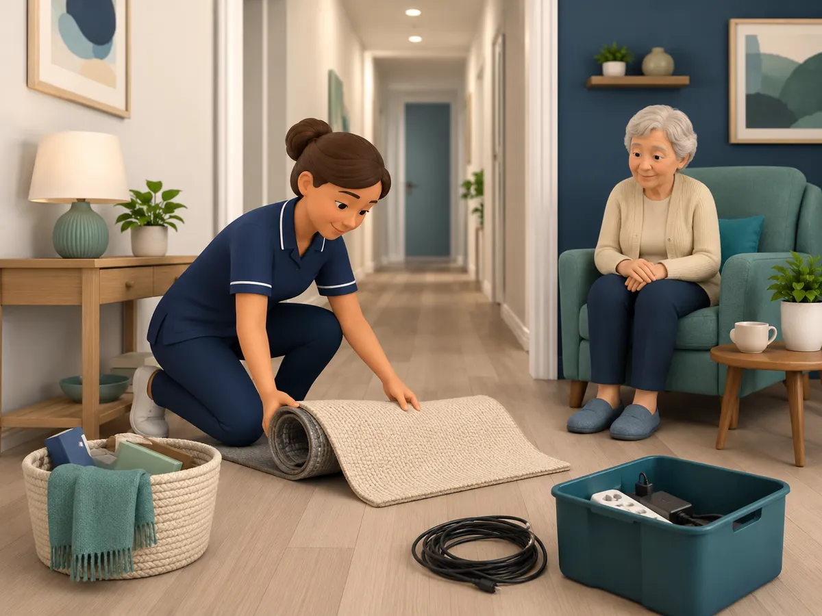 Kneeling in the hallway, the carer rolls up a loose rug that could easily catch an unsteady foot.