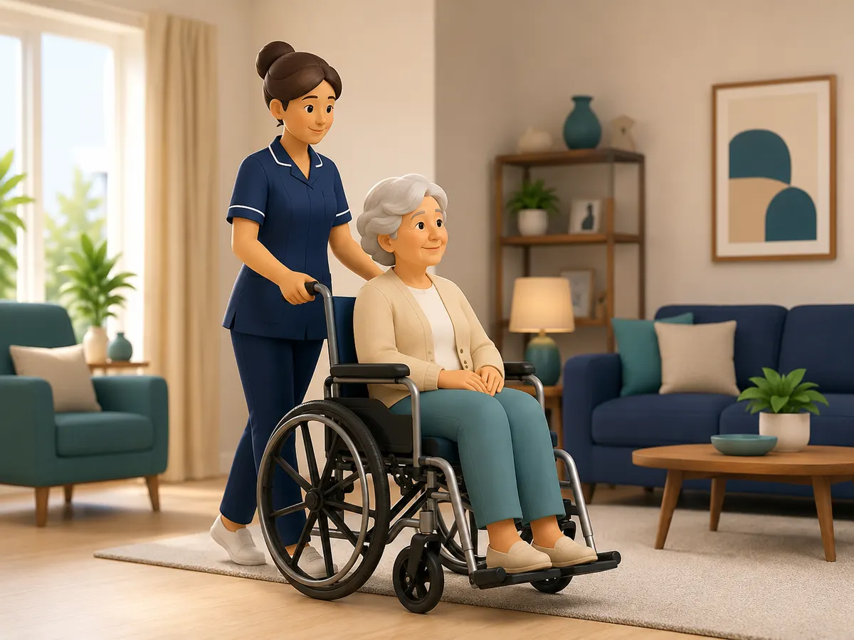 Standing behind the wheelchair with both hands on the push handles, the carer guides it at an easy, unhurried pace across an open room.