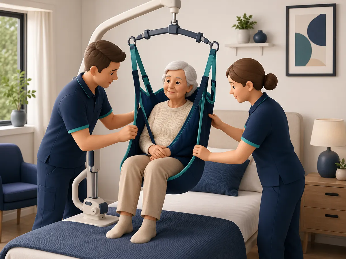Both carers check and settle the sling's straps evenly across the shoulders and back before a single inch of the lift begins.