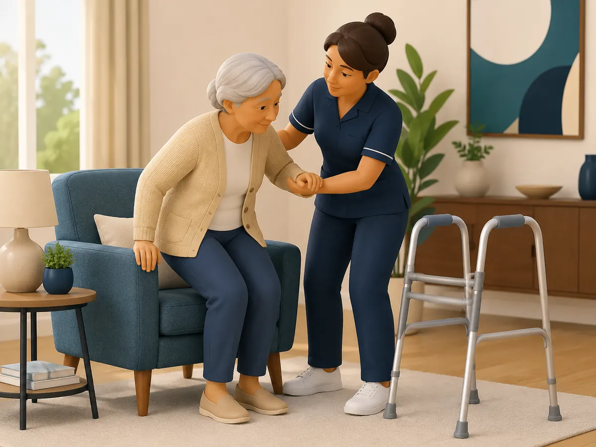 Leaning forward over her own feet, the client is guided upright by the carer holding both hands — steadying, never pulling.