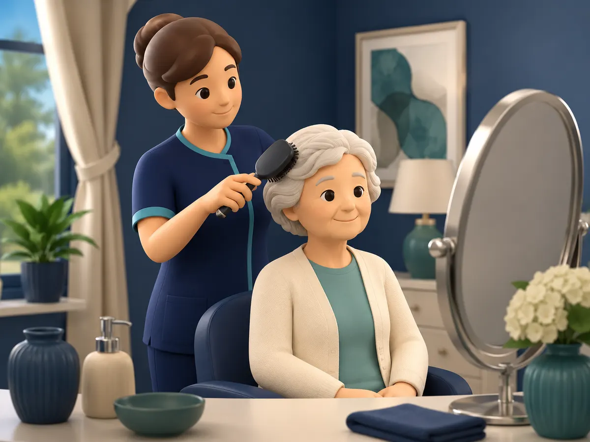 Standing behind the mirror, the carer brushes through white hair with slow, gentle strokes, working from the ends upward.
