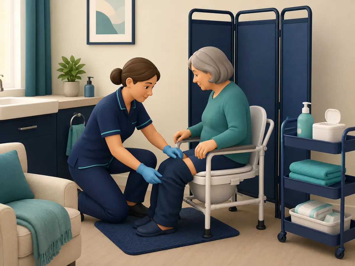 A privacy screen stands between the room and the raised commode chair while the carer, gloved, steadies a safe transfer onto the seat.