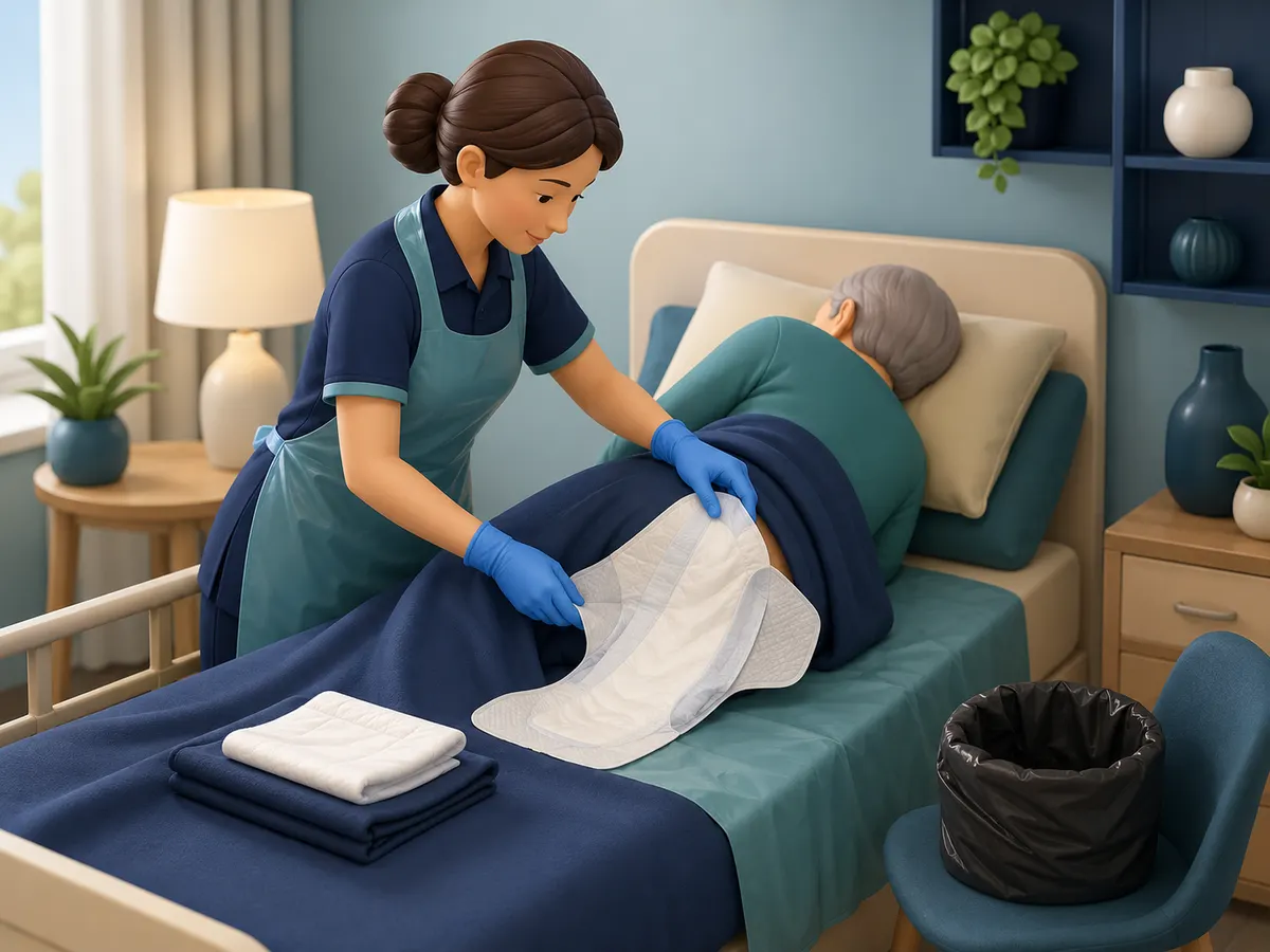 Lying comfortably on her side, the client is helped with a continence pad change by a carer wearing gloves and a protective apron.