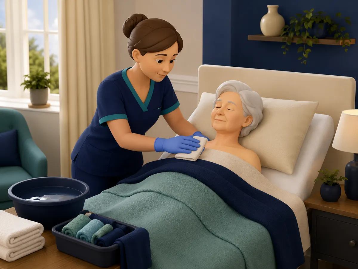 A blanket stays drawn over the parts not being washed while the carer washes the upper chest with a soft flannel from a bowl of warm water.