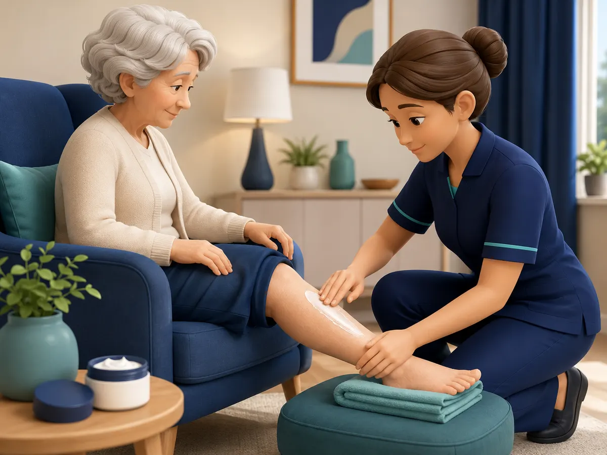 With her leg raised on a padded footstool, the carer smooths moisturiser into her skin — and checks it closely at the same time.