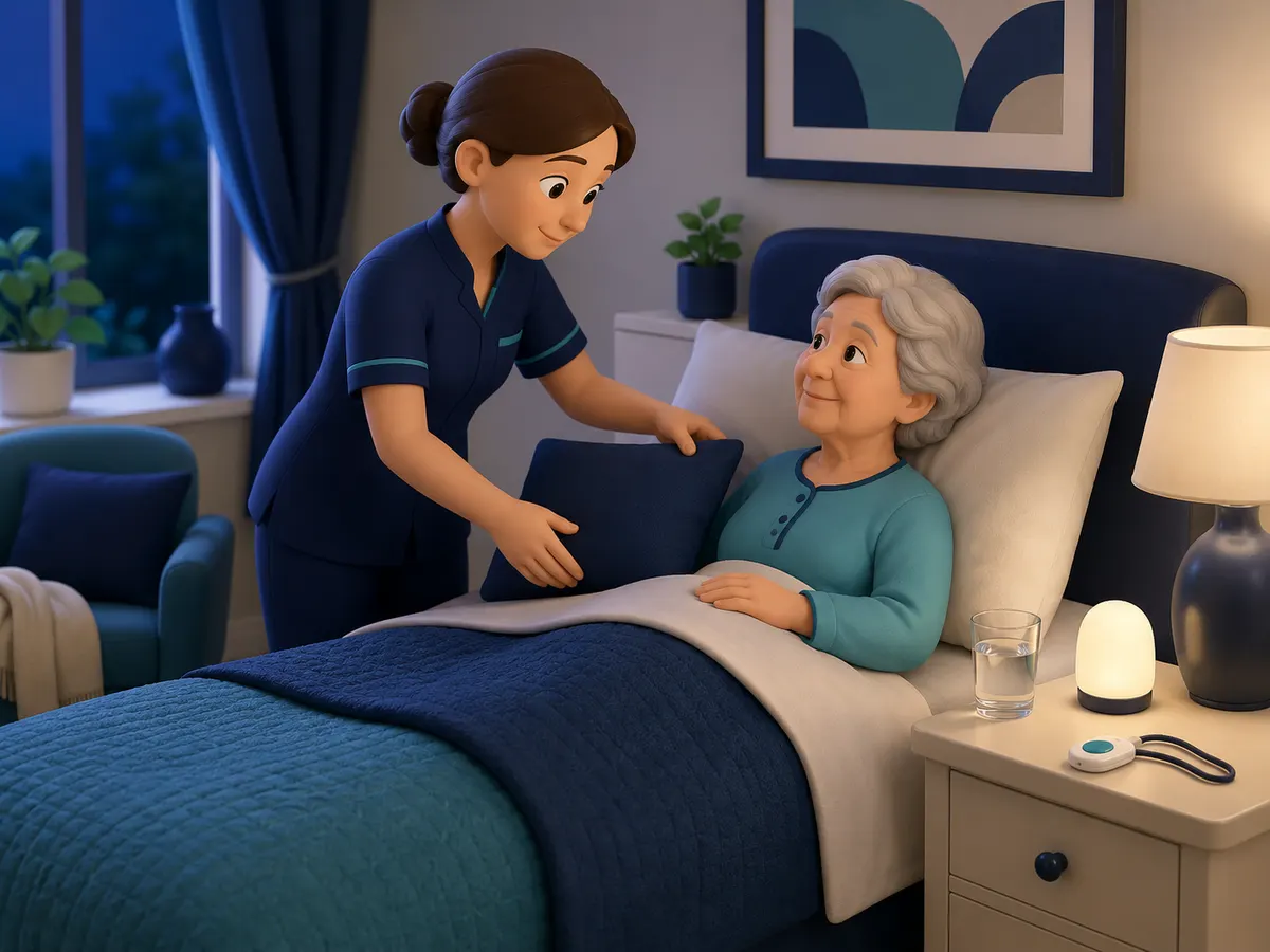 Tucked beneath a folded blanket for the night, the client has water, a lamp and a call alarm all placed within easy reach on the nightstand.