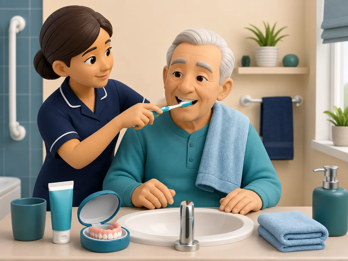 At the bathroom sink, the carer brushes the gentleman's teeth with gentle, practised strokes while a denture case waits open on the side.