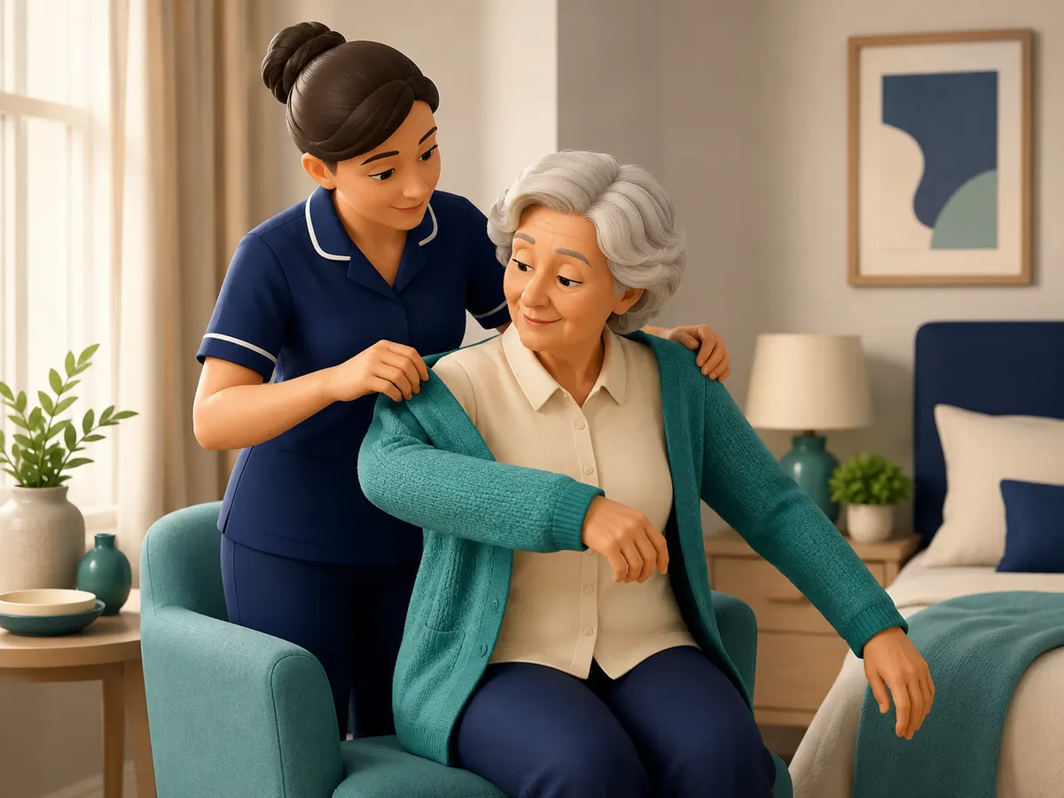 Guiding her own arm into the sleeve of a cardigan, the client is helped by a carer holding the garment steady and ready.