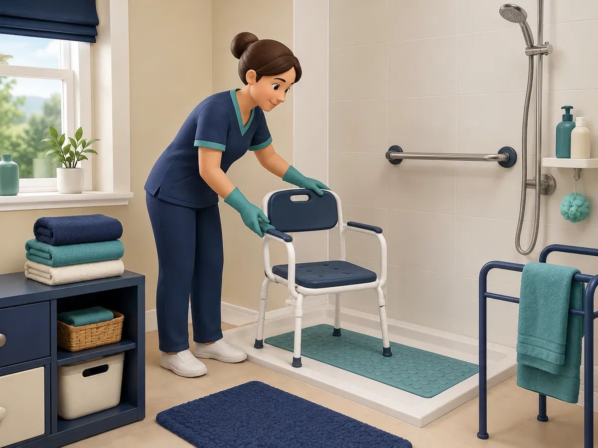 A shower chair is tested for stability on a non-slip mat, with a grab rail fixed to the wall and towels stacked ready, all before anyone steps in.