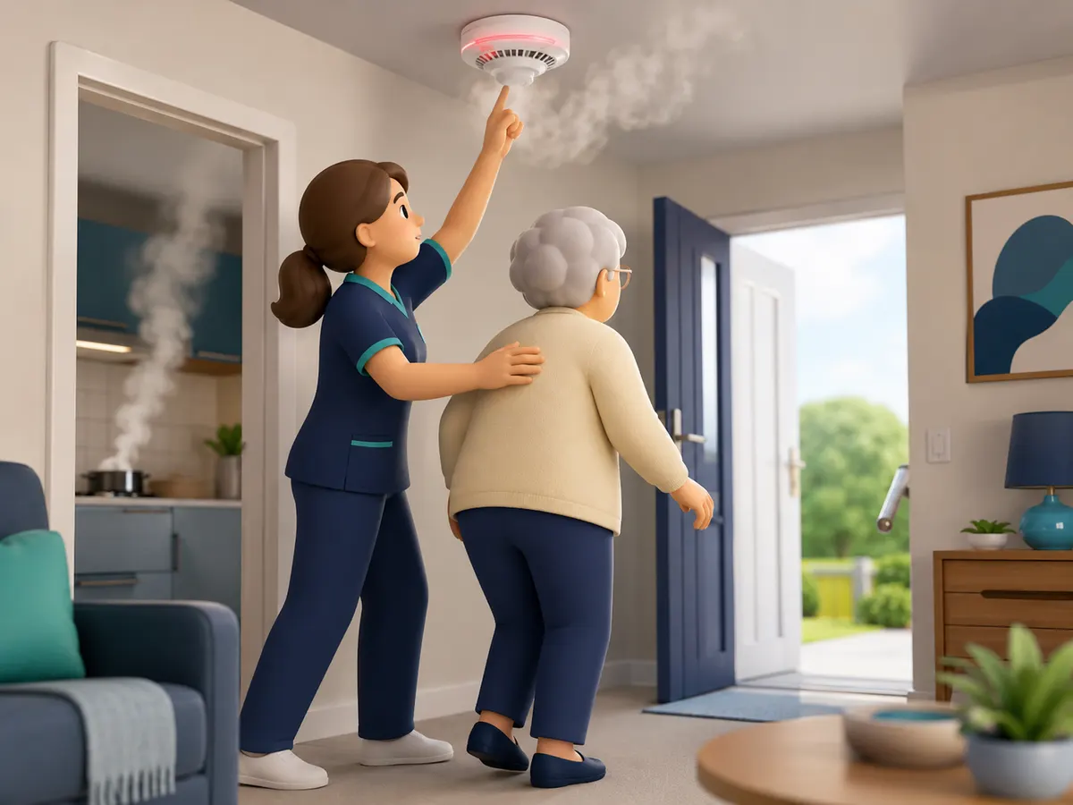 The moment smoke is spotted, the only job is getting the person safely outside — nothing in the house, including whatever is on the stove, is worth going back for.