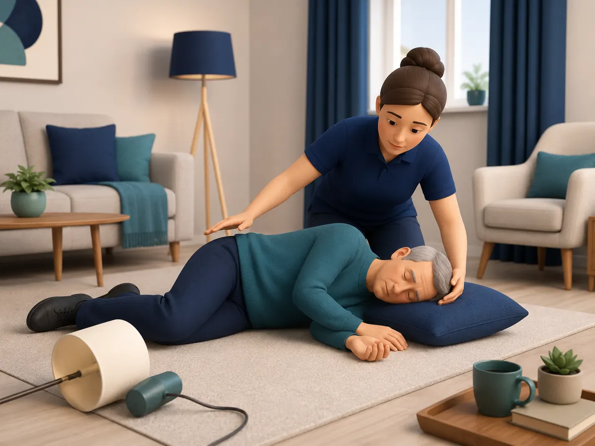 Before moving a person who has fallen, a carer checks them calmly for consciousness, breathing, pain and injury — a cushion supports the head without shifting the rest of the body.