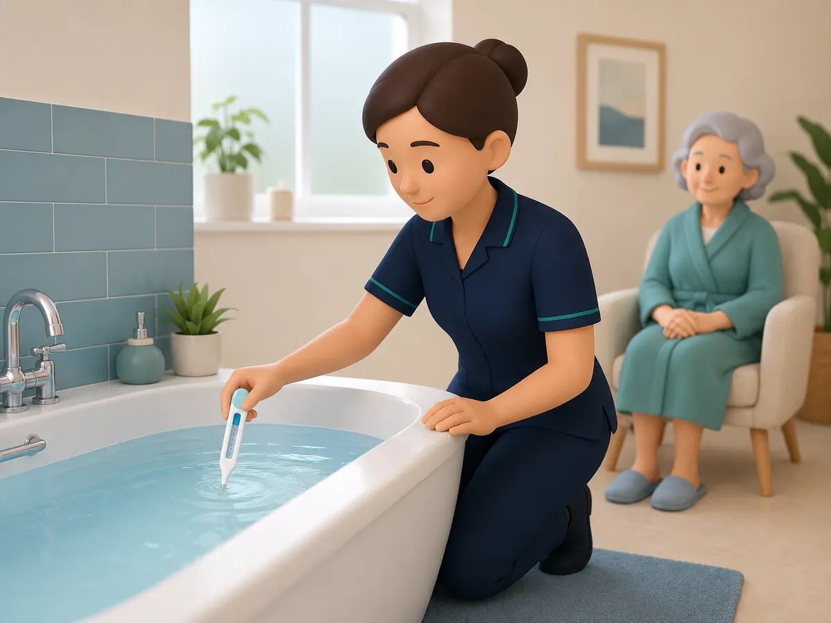 A bath thermometer, not a hand, is used to check the water before anyone gets near it — older skin can scald at a temperature a carer's own hand would find perfectly comfortable.