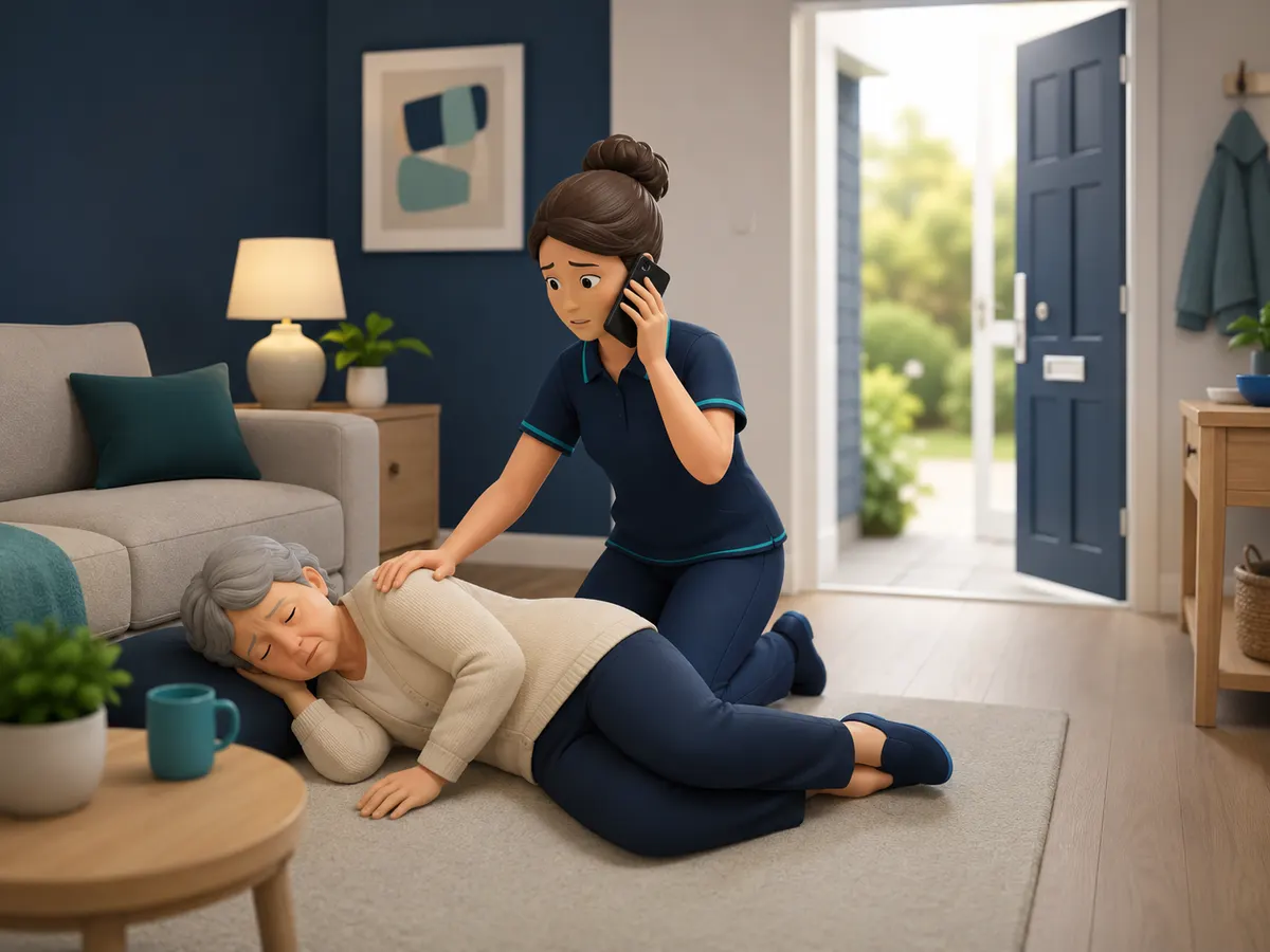 The call for help is made from beside the person, one hand offering reassurance, without ever stepping away — the front door is left open so paramedics can get straight in.