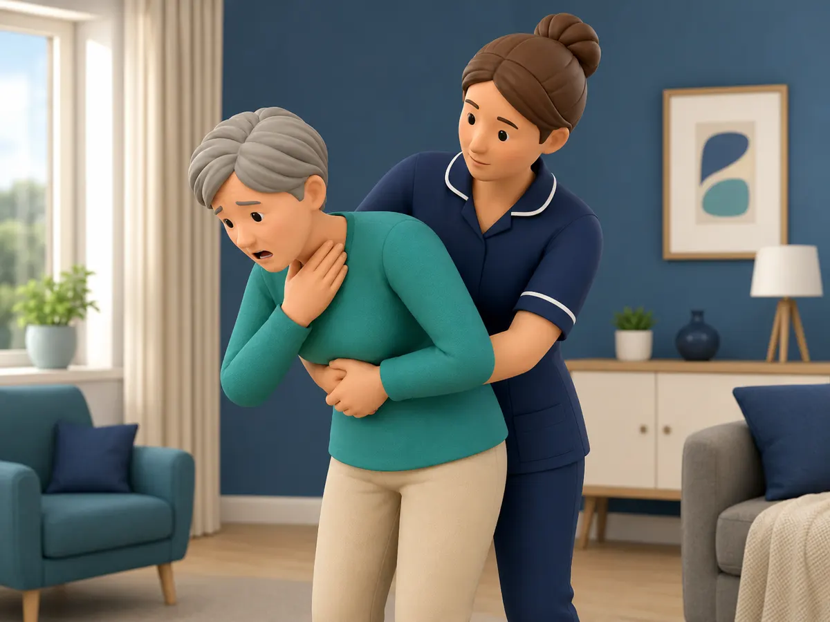 With the airway fully blocked and no air moving, the carer applies abdominal thrusts from behind — a technique learned properly in first aid training, never improvised.