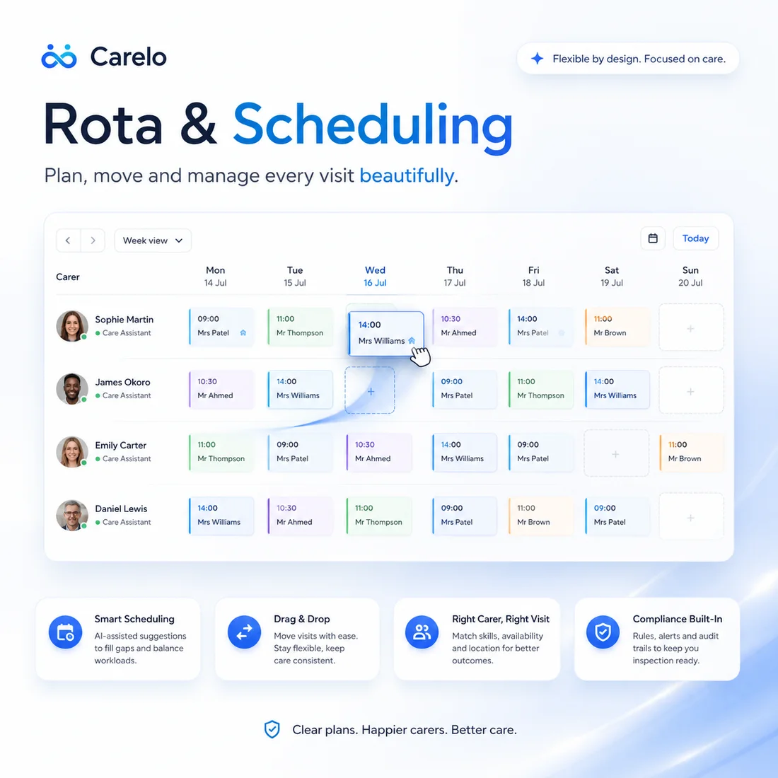 Rota & Scheduling — plan, move and manage every visit beautifully
