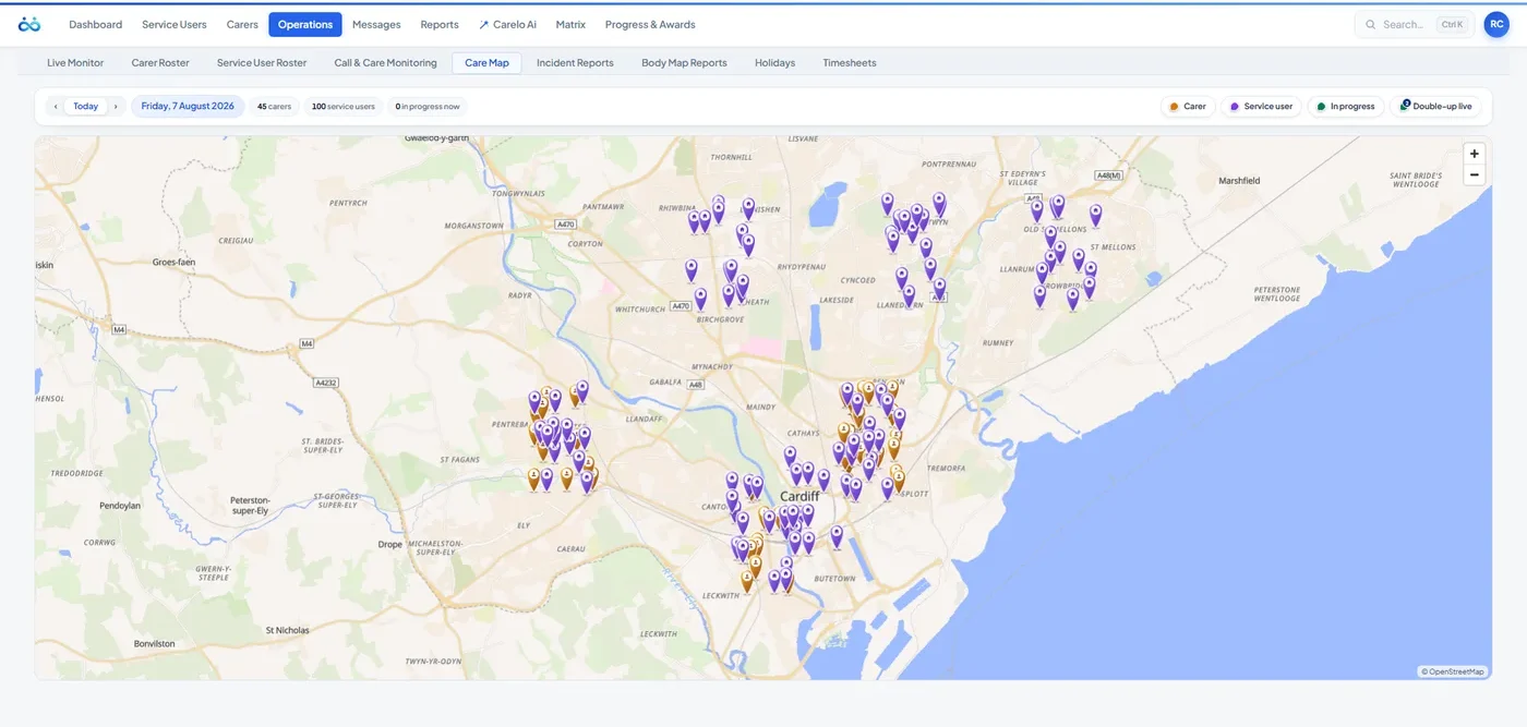 The Carelo Care Map — carer and service-user pins across a real city with day and status filters