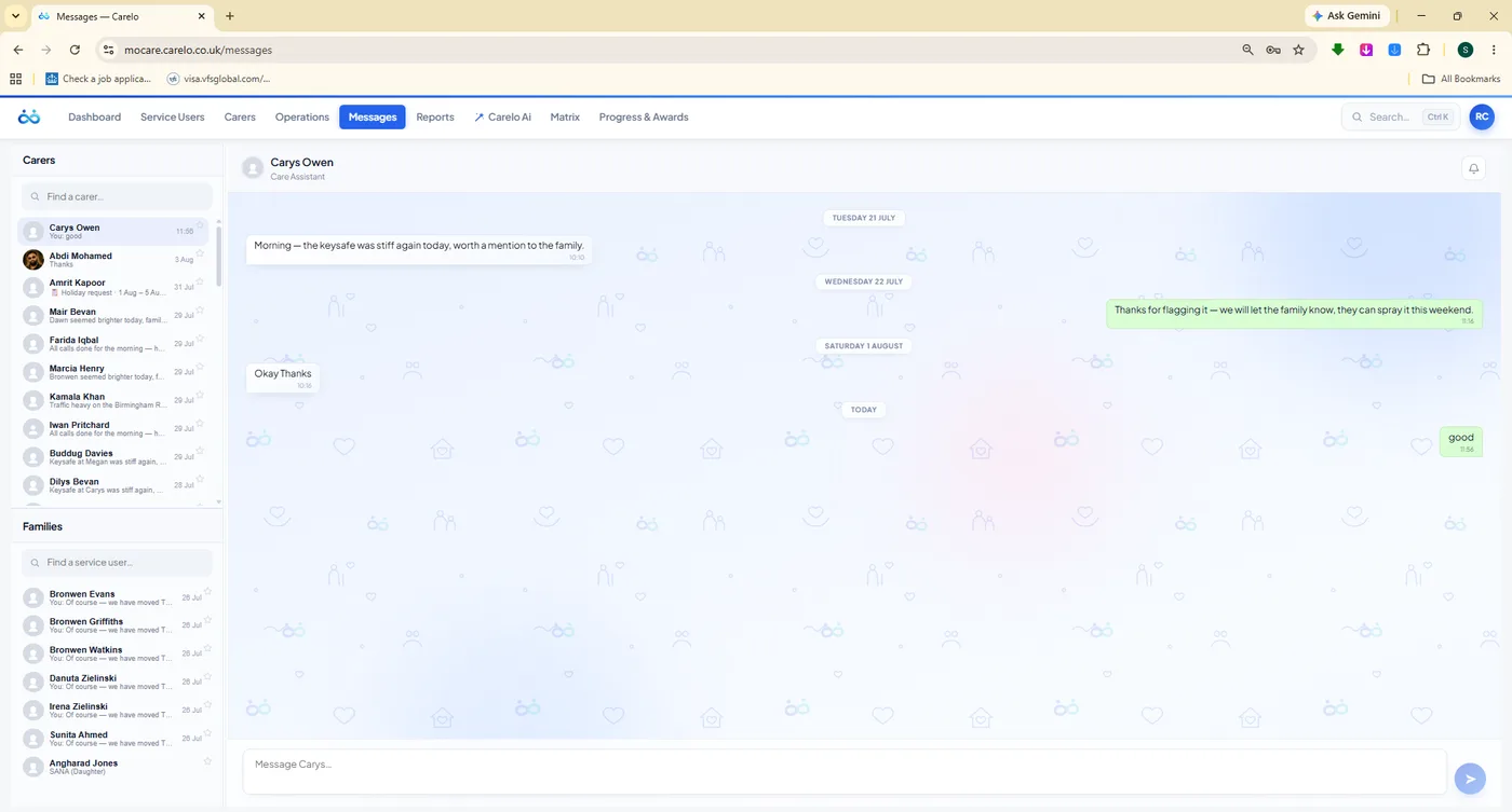 Messages — an office to carer thread with carer and family conversation lists