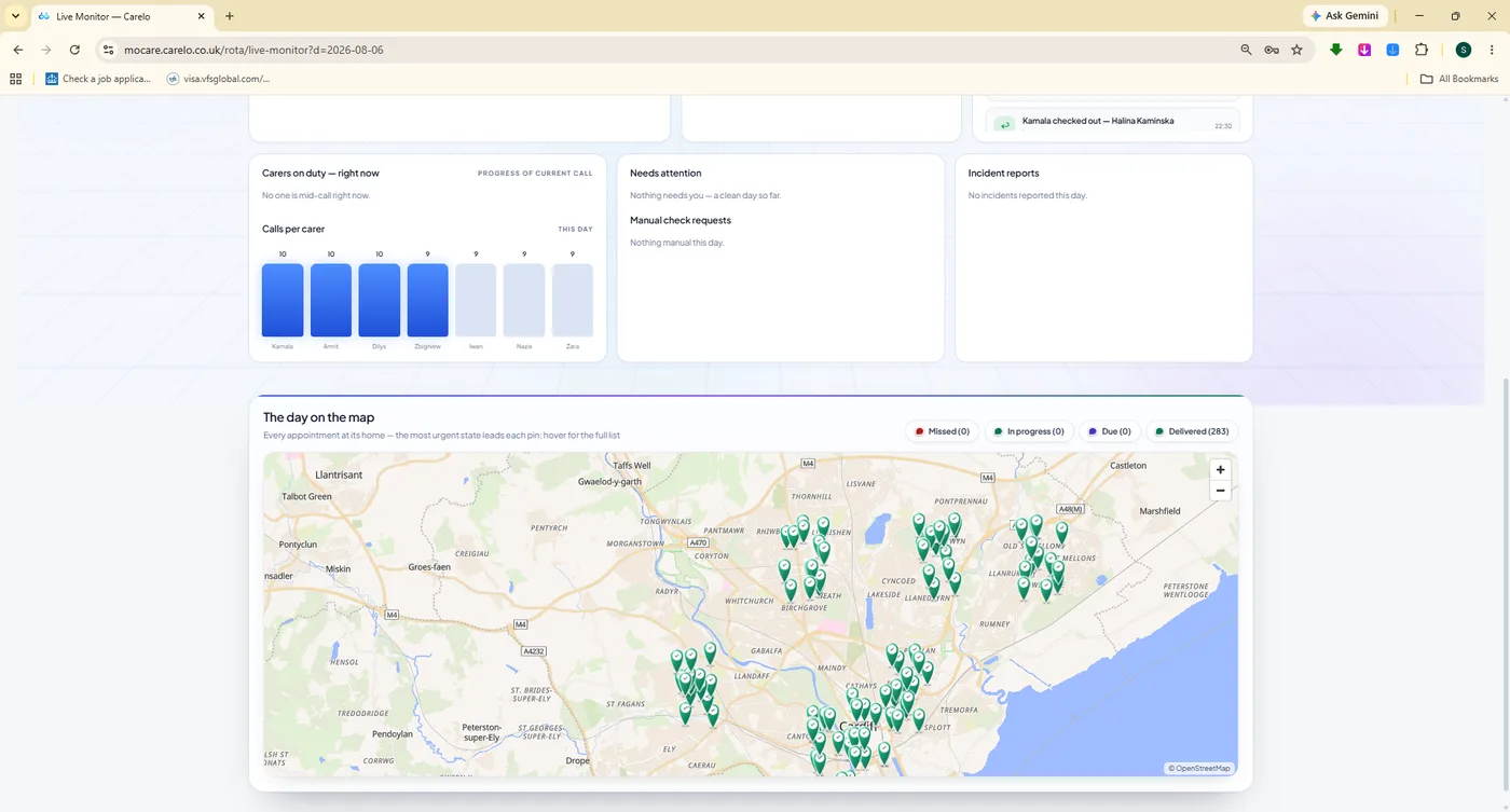 The day on the map — delivered pins across Cardiff with calls per carer