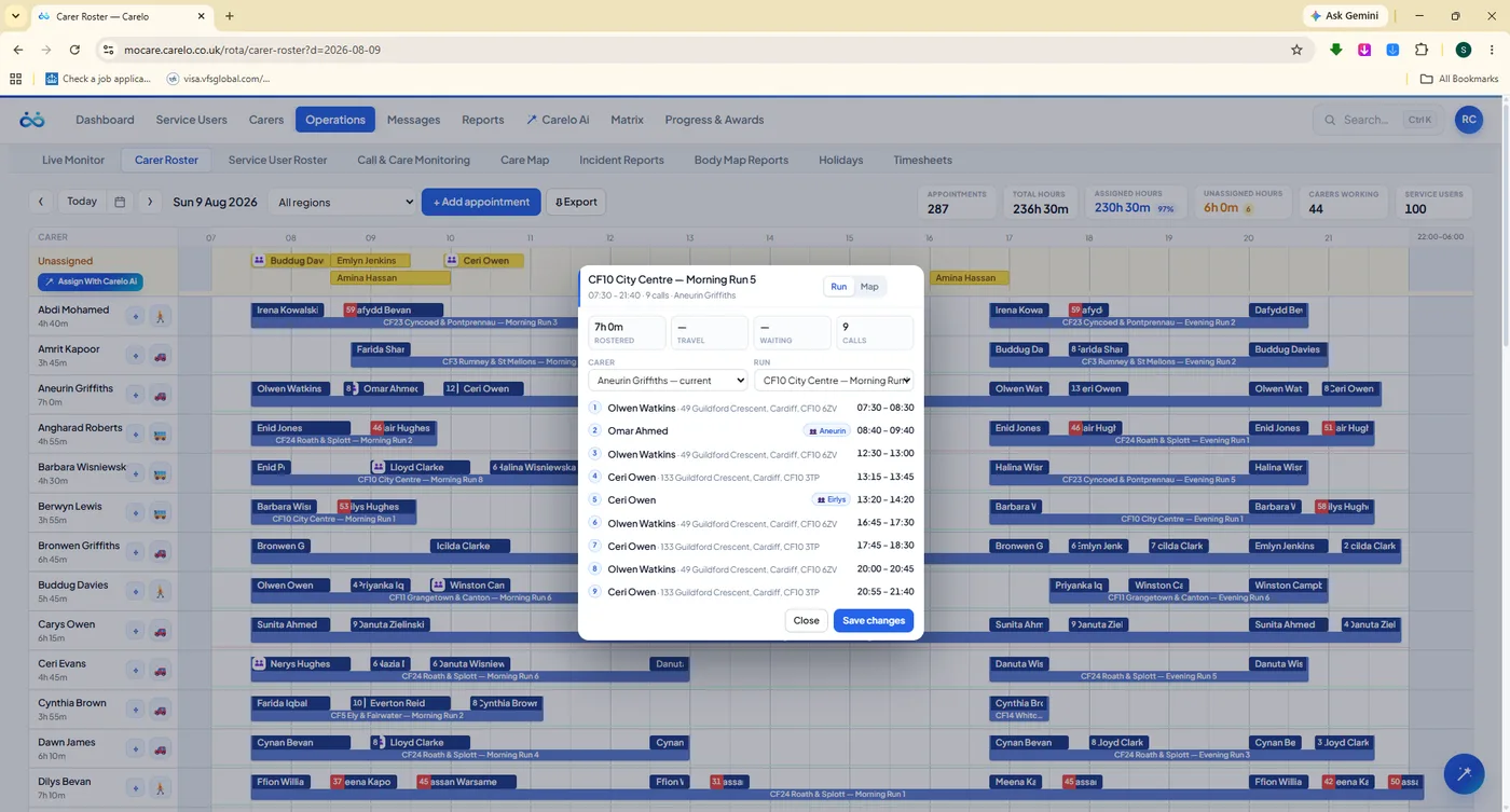 A Carelo run detail popover listing nine calls with addresses and times