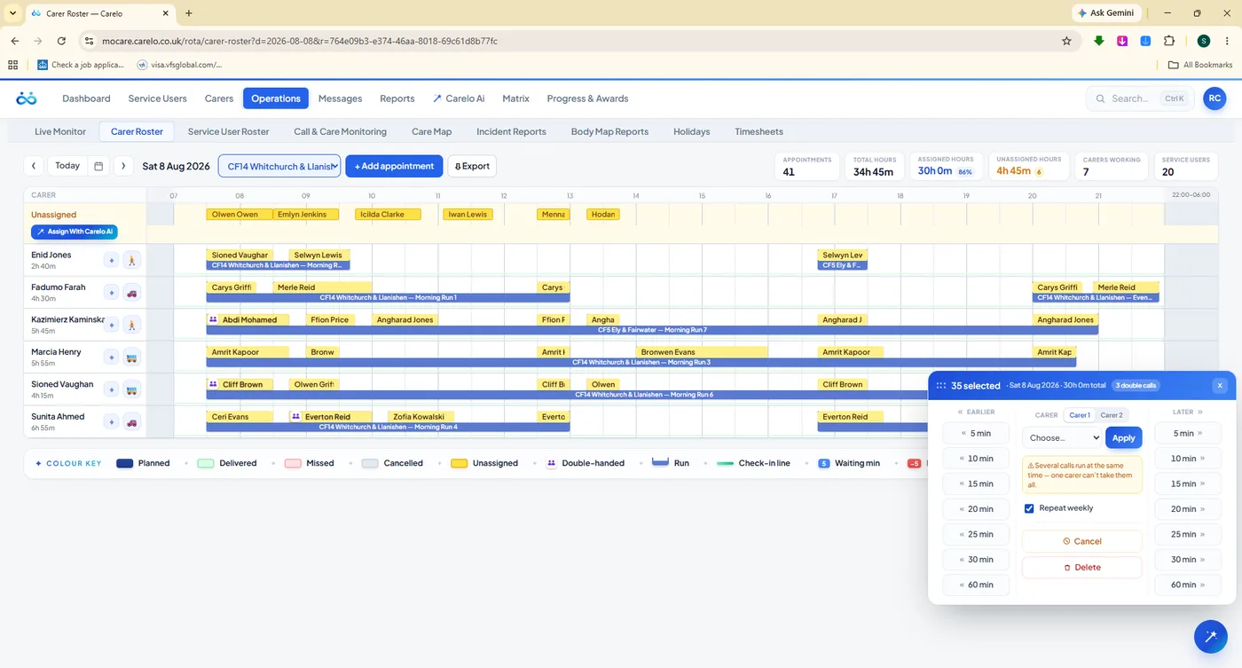 Bulk edit panel with 35 calls selected, nudge earlier or later and reassign controls