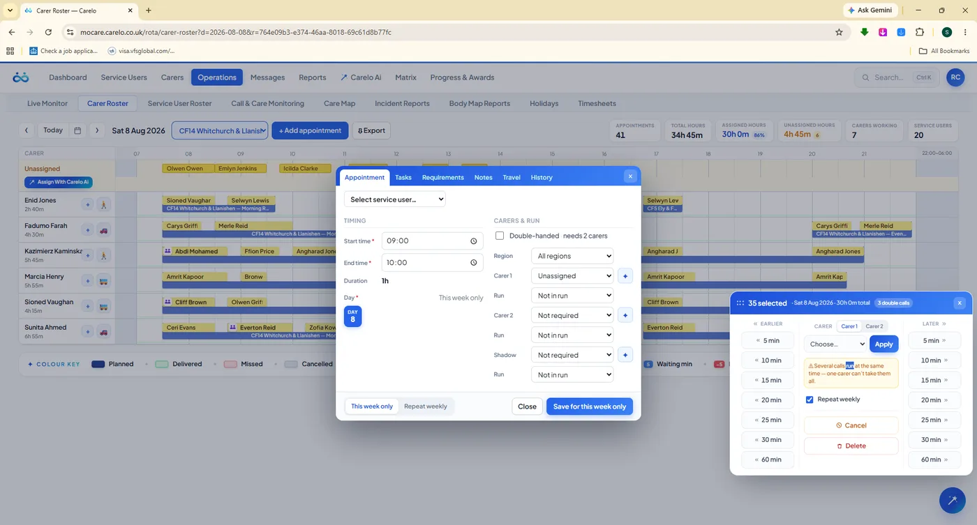The Carelo add-appointment modal — timing, double-handed and carers and runs
