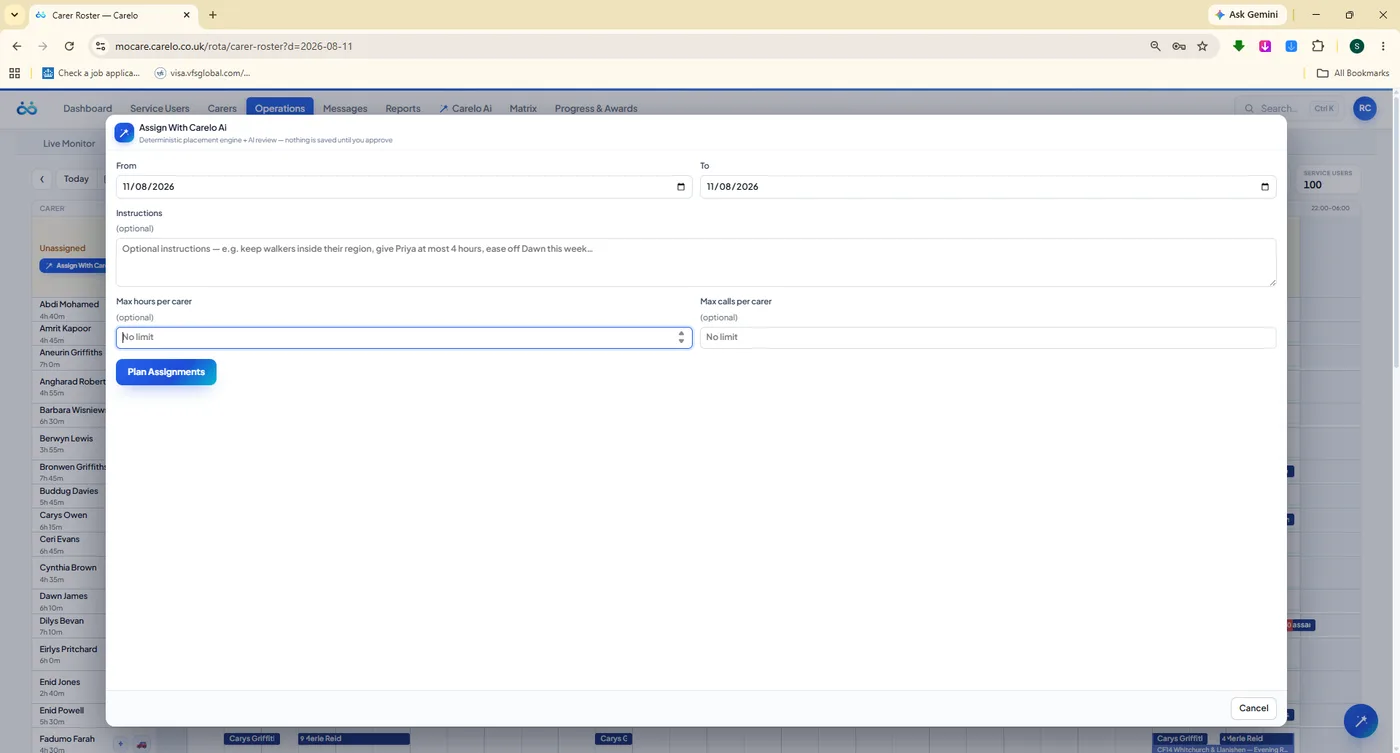 Assign with Carelo AI — the planning form with a date range, plain-English instructions and per-carer limits