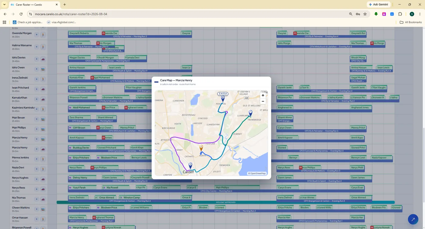 Carelo Care Map popover showing one carer's routed calls in visit order