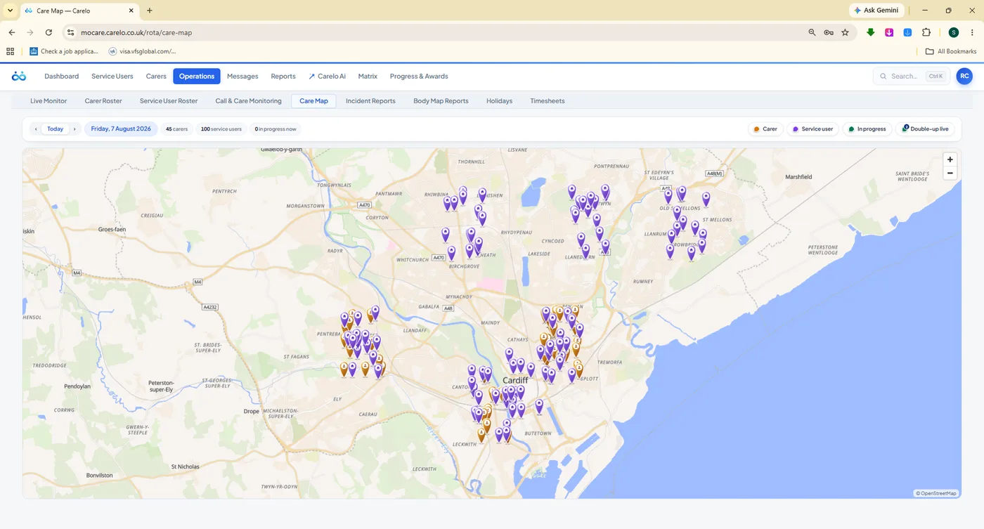 Care Map with carer and service-user pins across the city and day and status filters