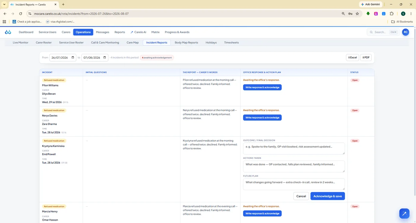 Incident reports with office response and action-plan editor