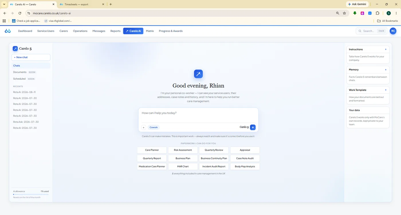 Carelo AI assistant home with paperwork shortcuts for care plans, risk assessments and MAR charts