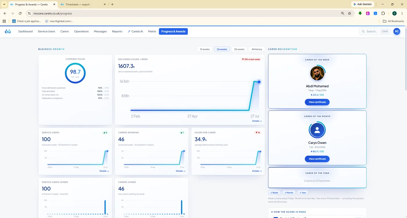 Progress and Awards with company pulse, delivered-hours trend and Carer of the Week and Month cards