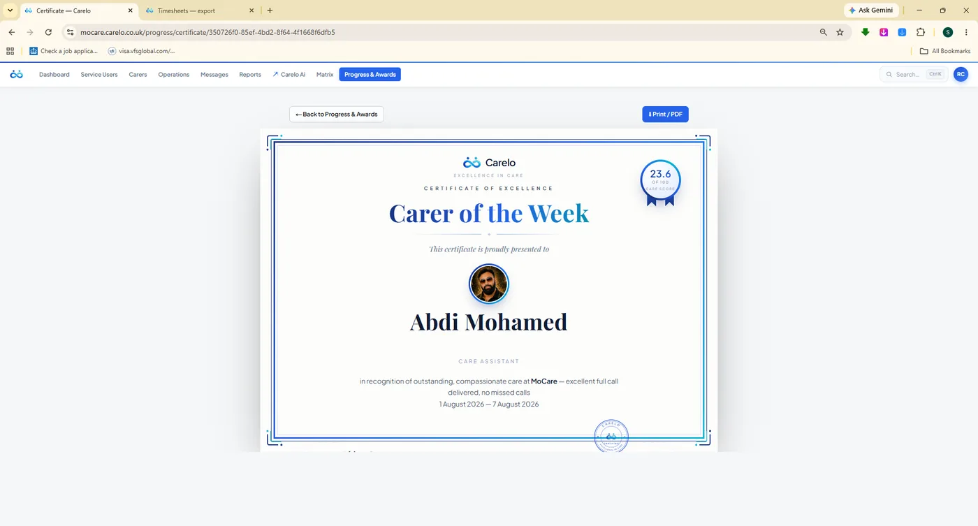 Printable Carer of the Week certificate with score badge
