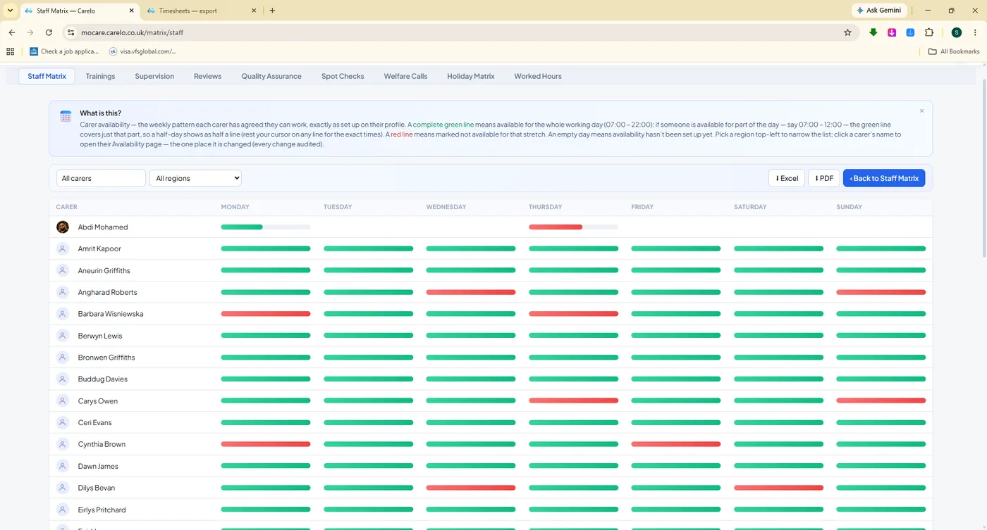 Carer availability matrix with green available and red unavailable weekly lines