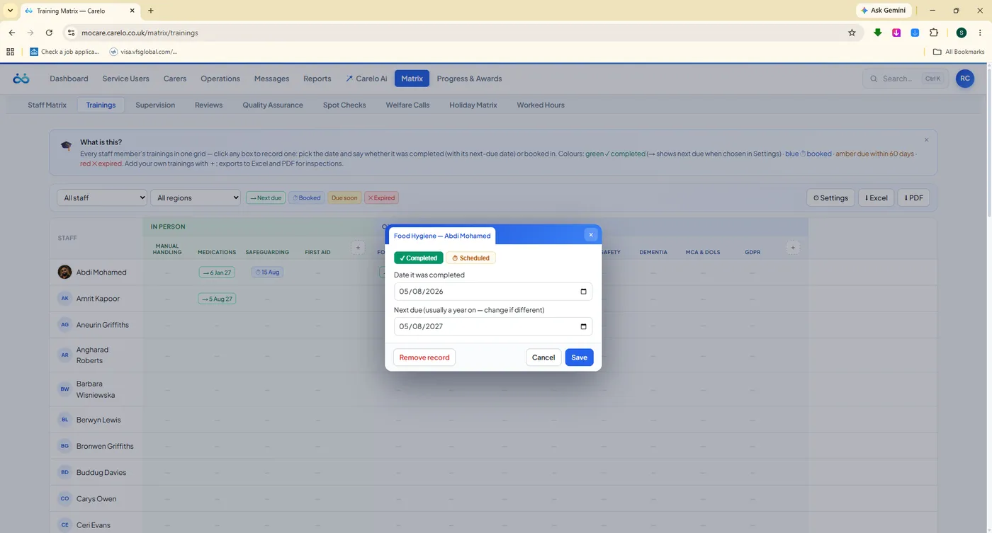 Carelo record-a-training modal over the training matrix, with completed and next-due dates