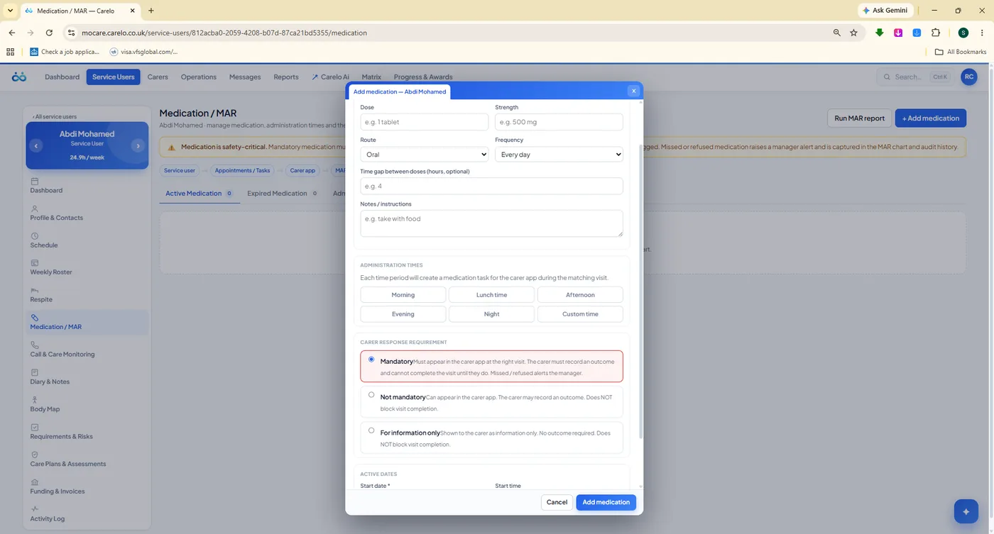 Adding a medication in Carelo with administration times and mandatory levels