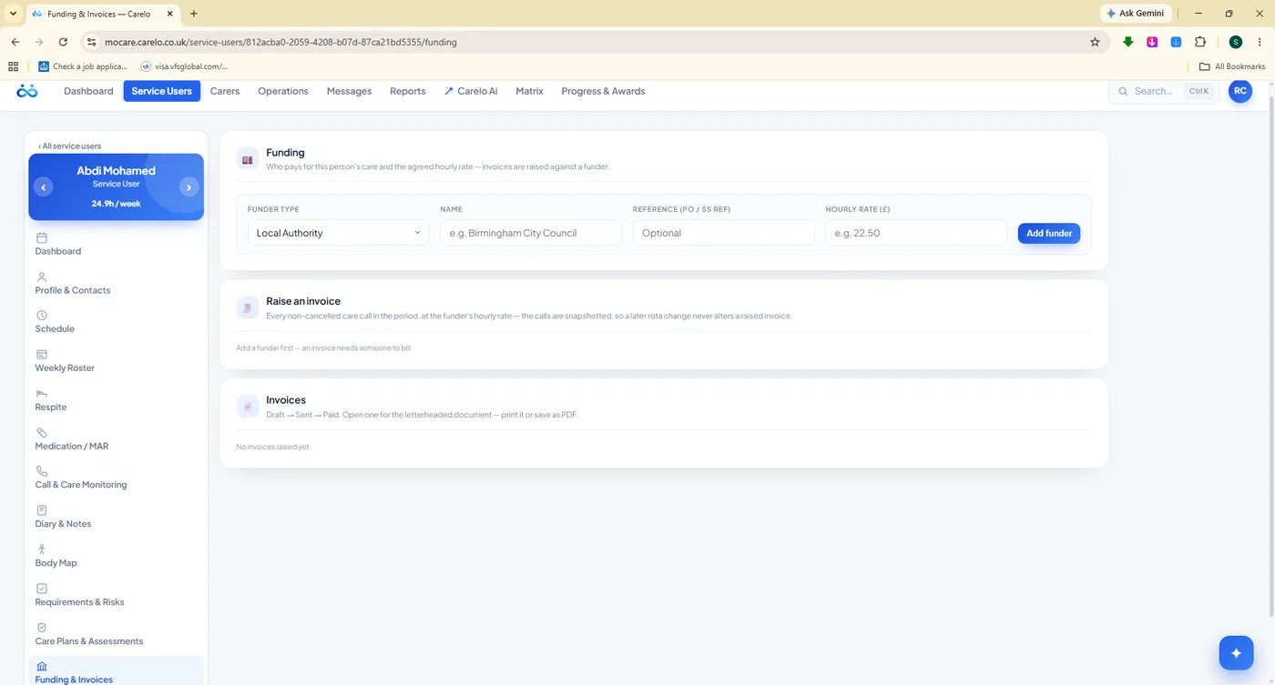 Carelo funding and invoices — funder setup, raise an invoice and the invoices list