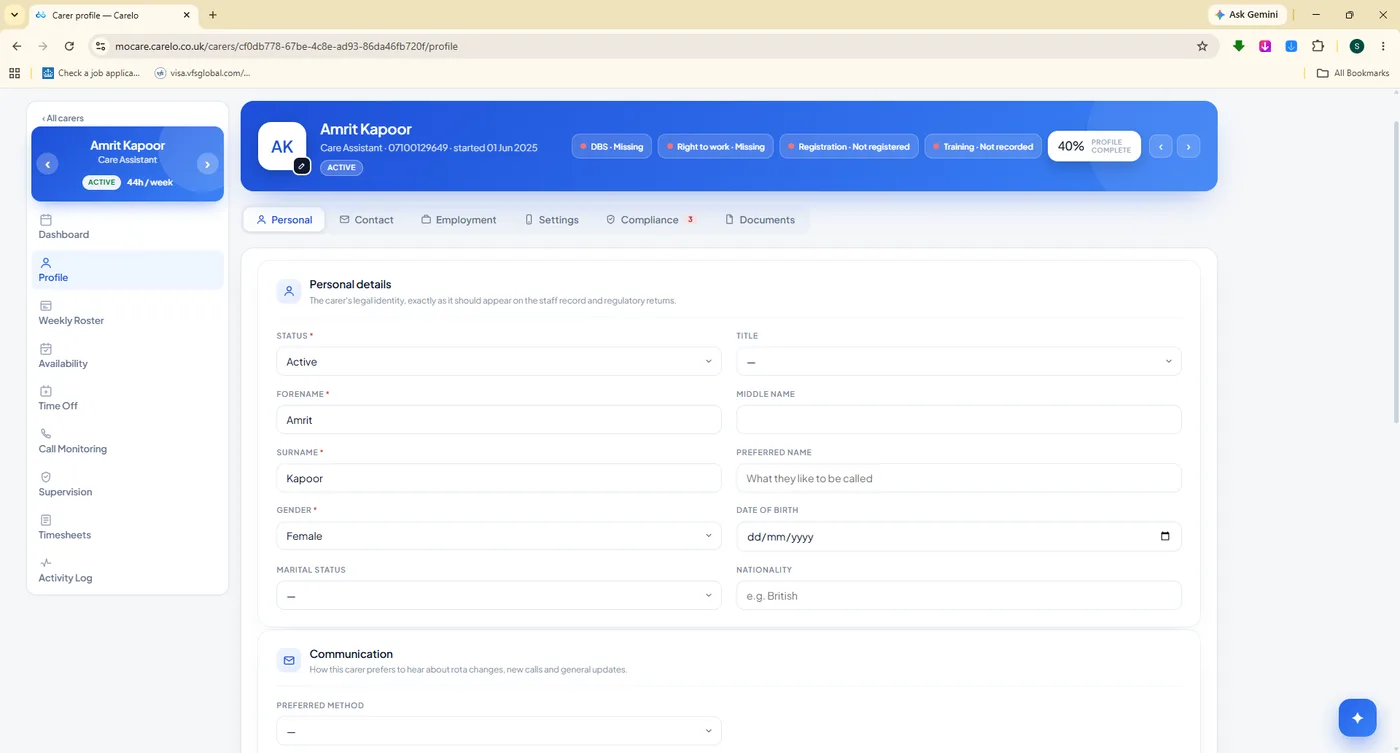A Carelo carer profile with DBS and right-to-work compliance chips and a profile-complete meter